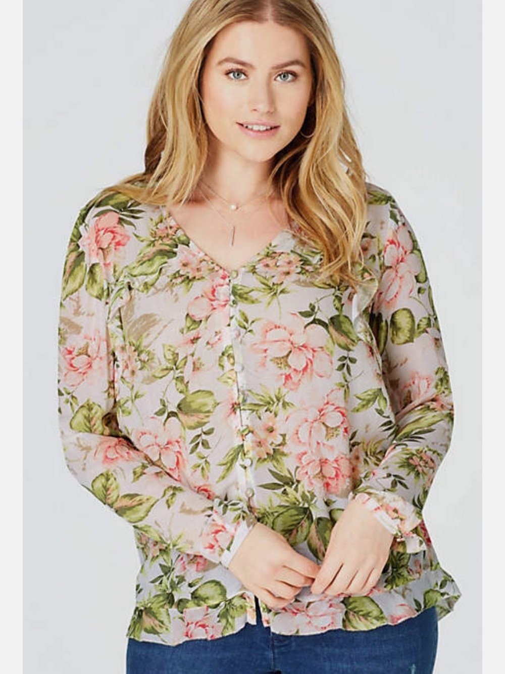 J. Jill Pink and Green Botanical Floral Button Front Long Sleeve Blouse Top SP